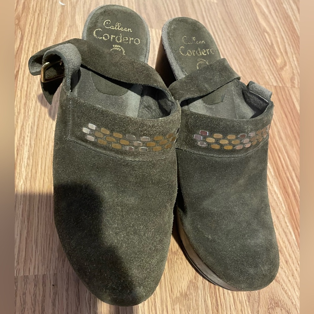 Calleen Cordero Sundance handmade slingback women’s high heel clogs green suede